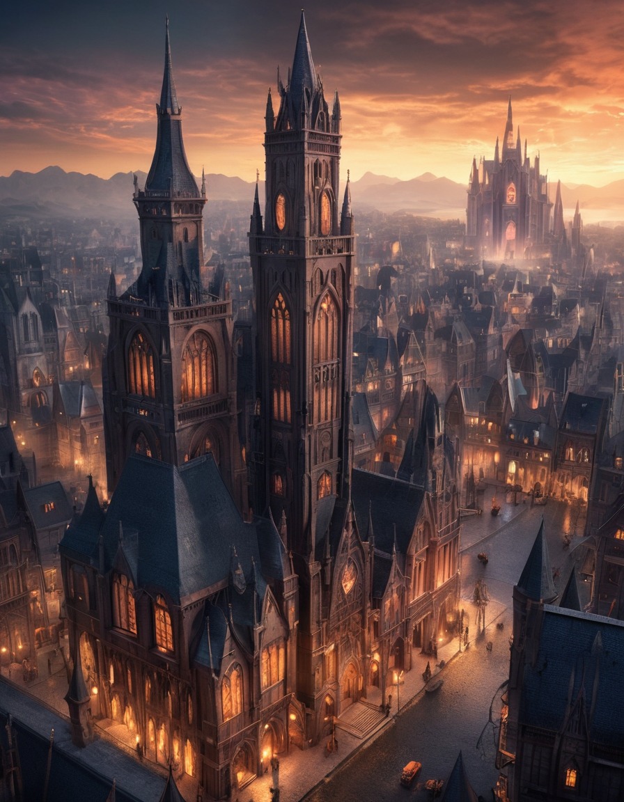 fantasy, cityscape, gothic architecture, illustration, architecture