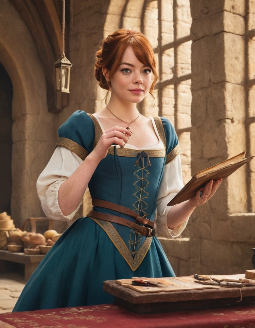 emma stone, painting, medieval, scene, vibrant colors, intricate details