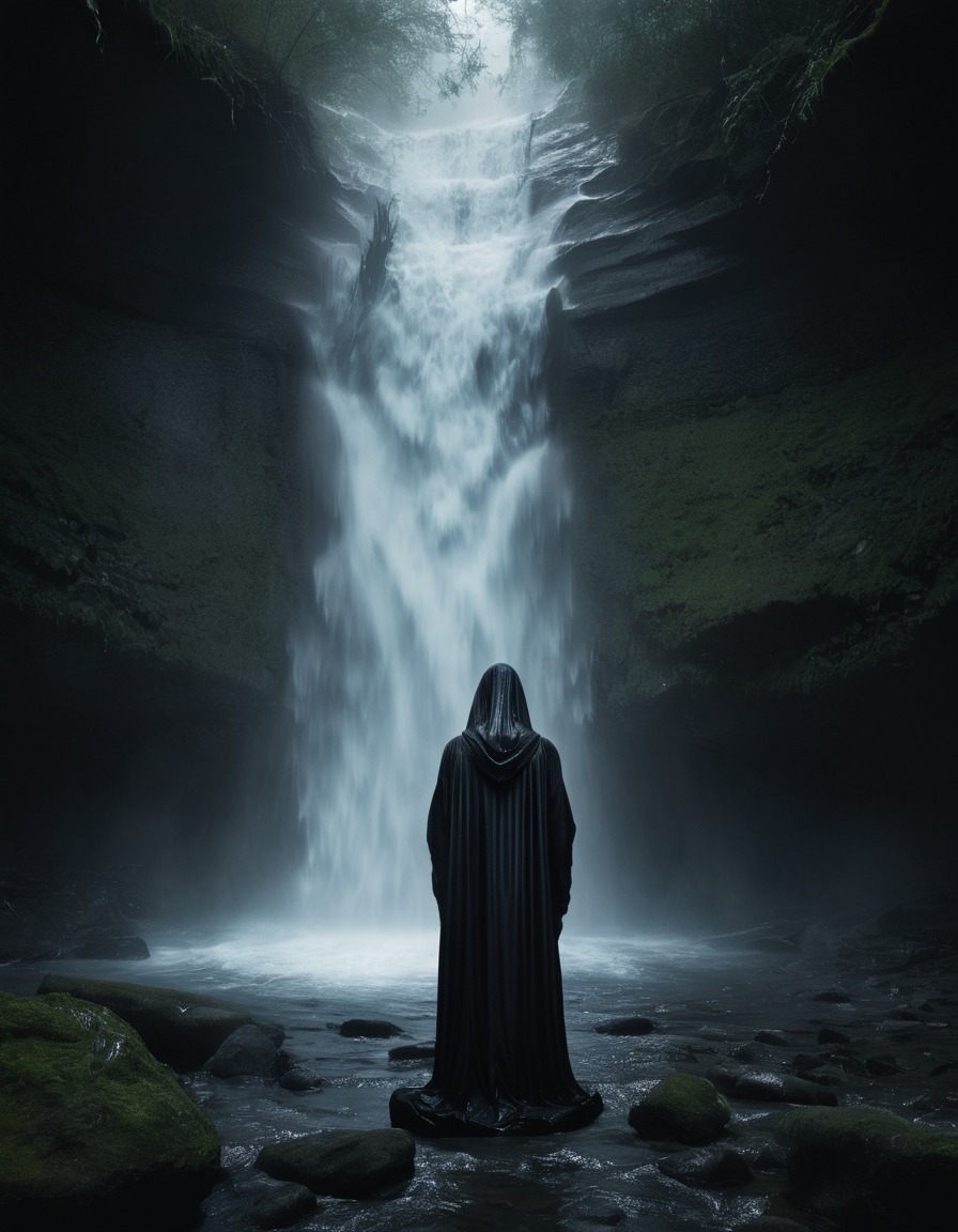 mystical, hooded figure, chanting, waterfall, nature, spirituality