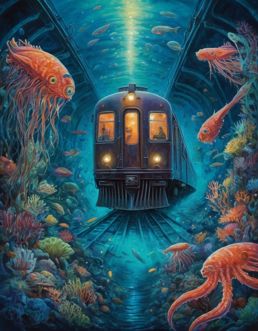 train, underwater, bioluminescent, sea creatures, transportation, marine life, surreal