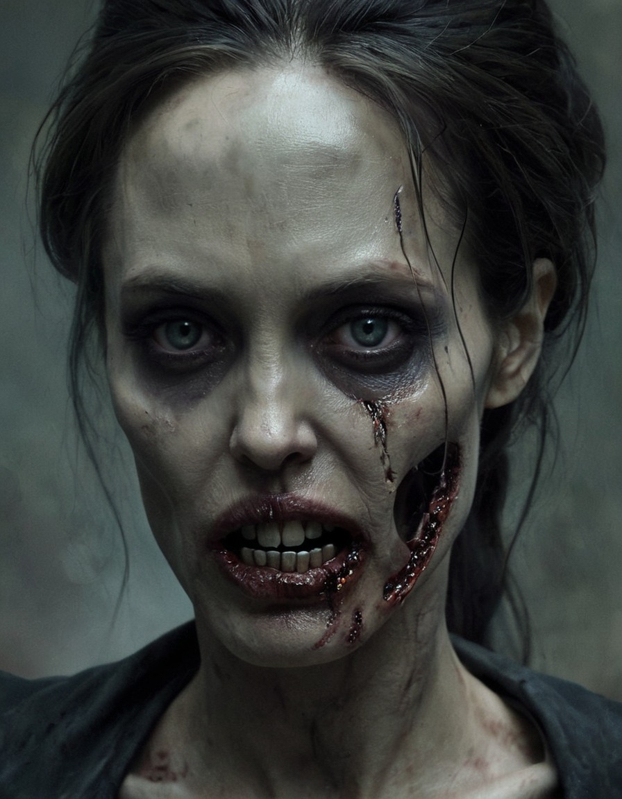 angelina jolie, zombie, torn attire, haunting, beautiful eyes, celebrities