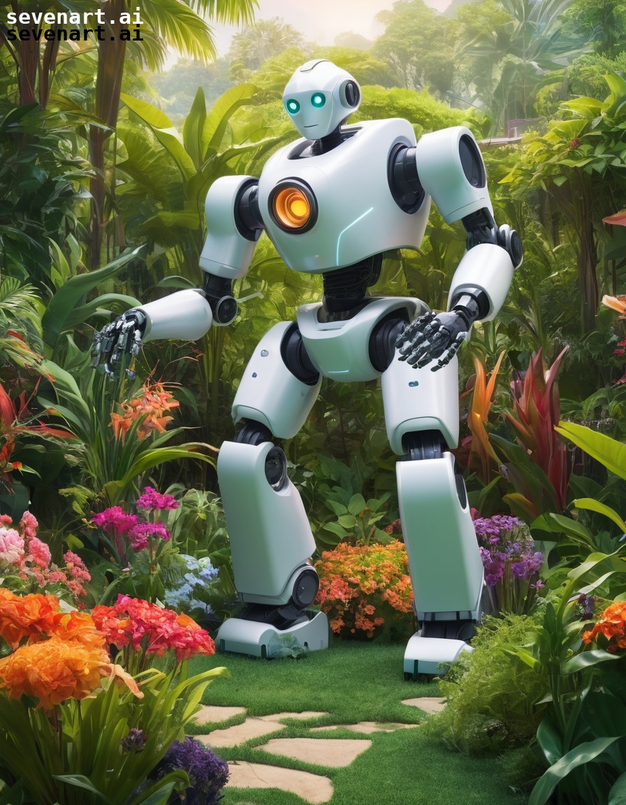 robot, gardener, lush garden, exotic plants, flowers, robots