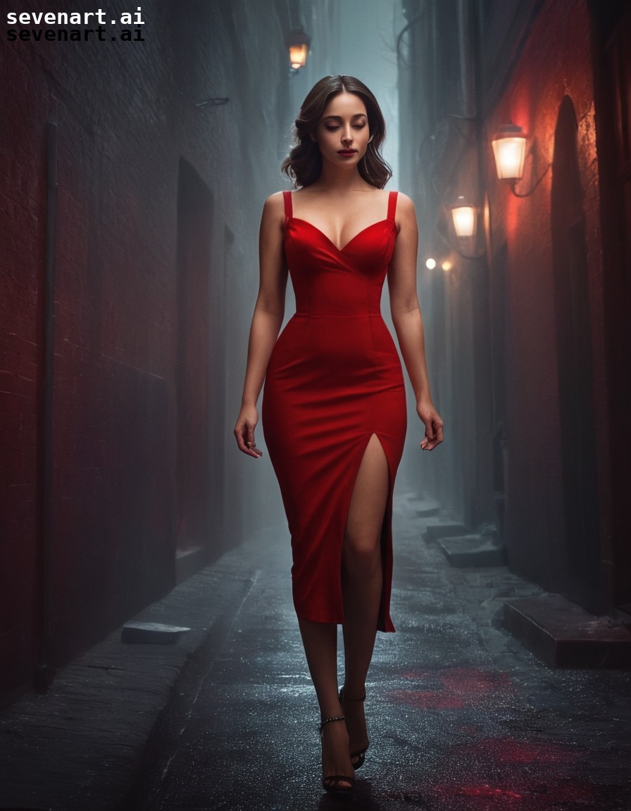 confident, woman, red dress, alley, mysterious