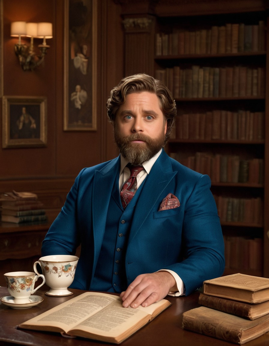 zach galifianakis, vintage, vintage attire, old-fashioned, study, antique books, tea