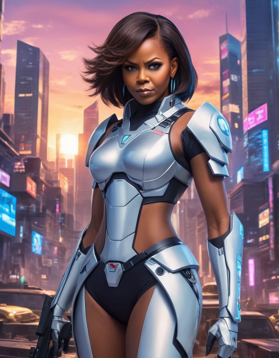 michelle obama, anime, warrior princess, cyberpunk, futuristic, cityscape, politics