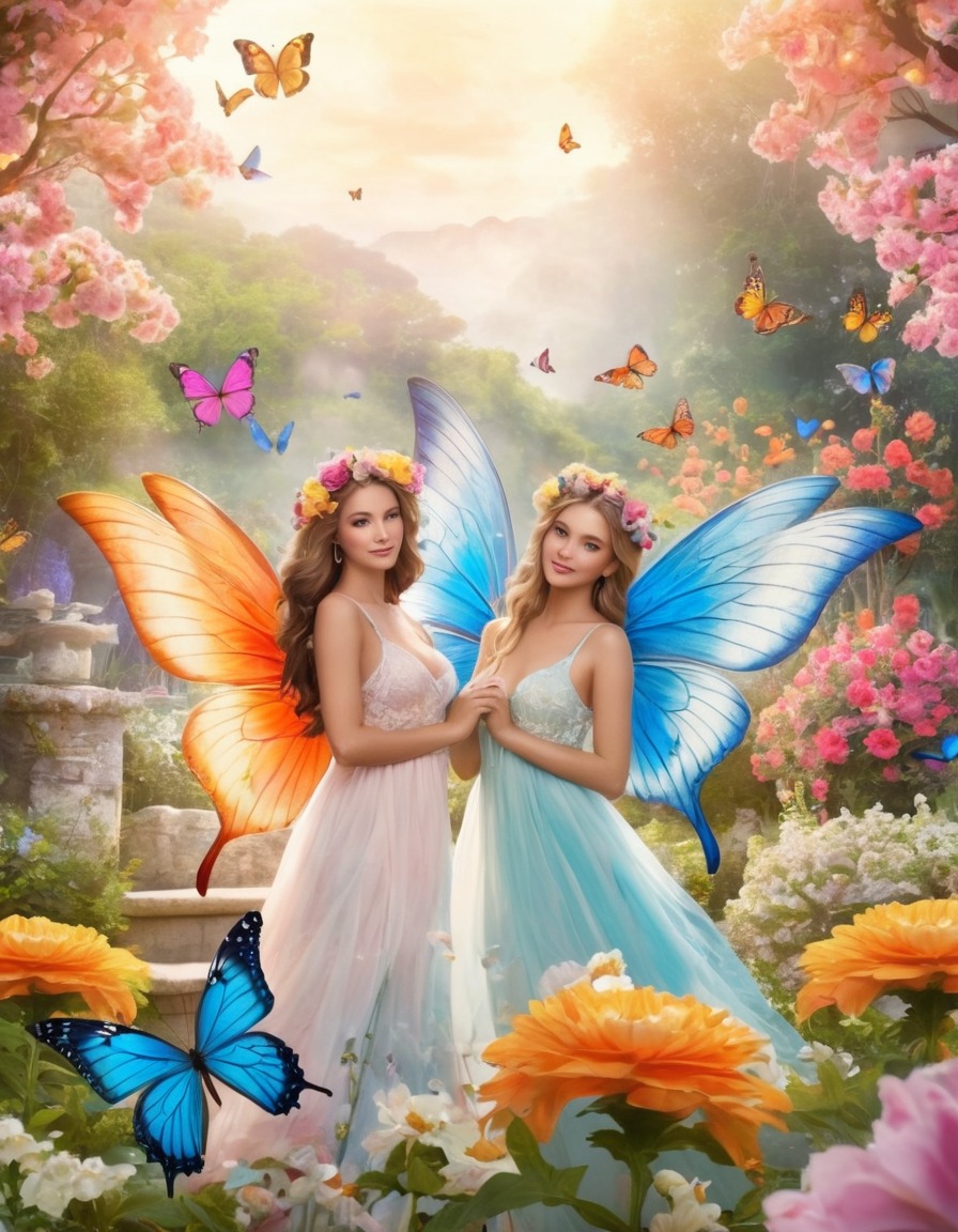 heaven, angels, peaceful garden, blooming flowers, colorful butterflies