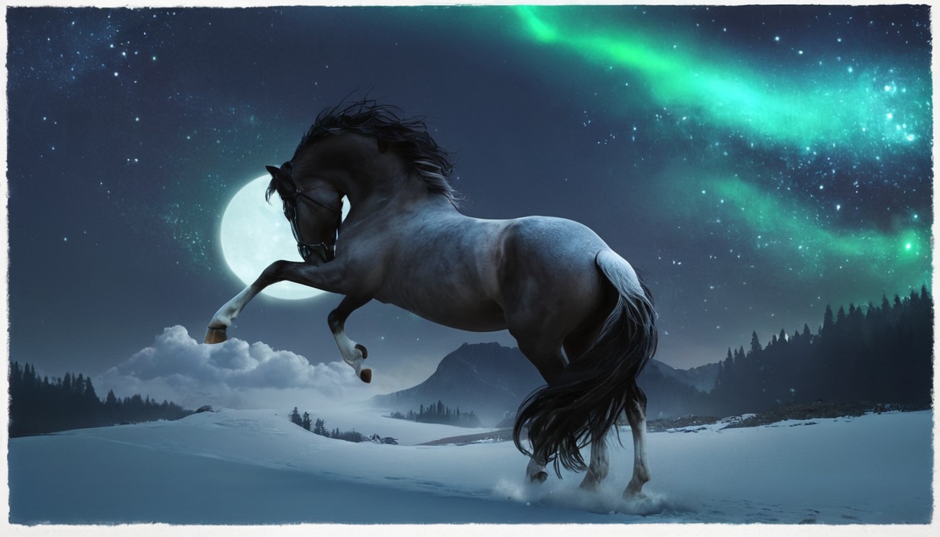 horse, horseart, horsedrawing, lights, magic, magical, mythology, night, nordic, norse, wolf, horseartwork