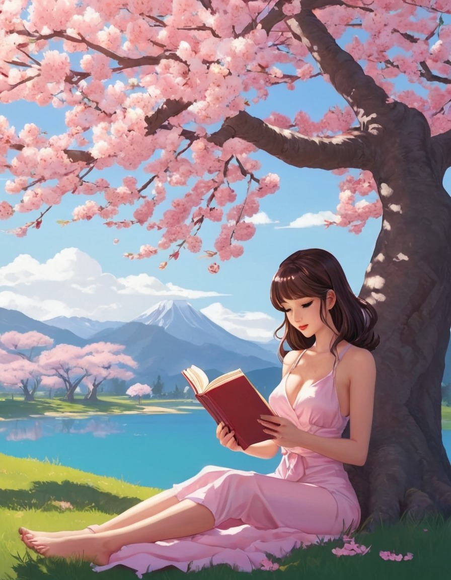 girl, reading, book, cherry blossom tree