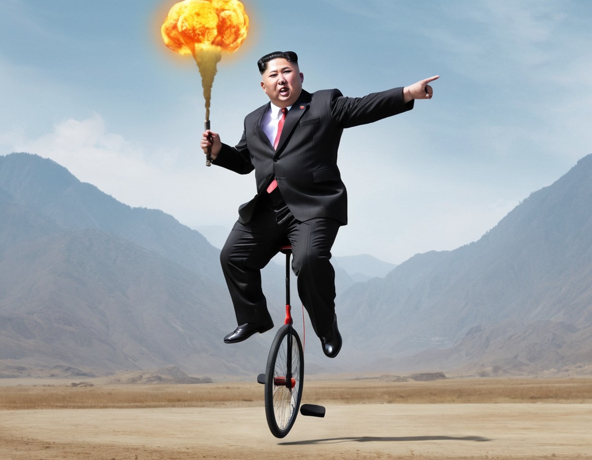 cartoon, kim jong-un, unicycle, juggling, nuclear bombs, north korea