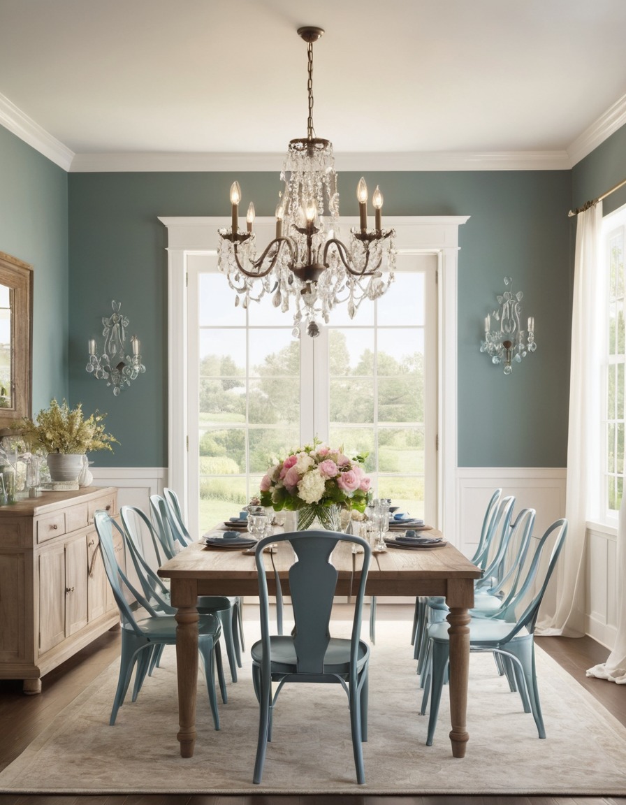 dining room, farmhouse style, mismatched chairs, crystal chandelier, home, interior