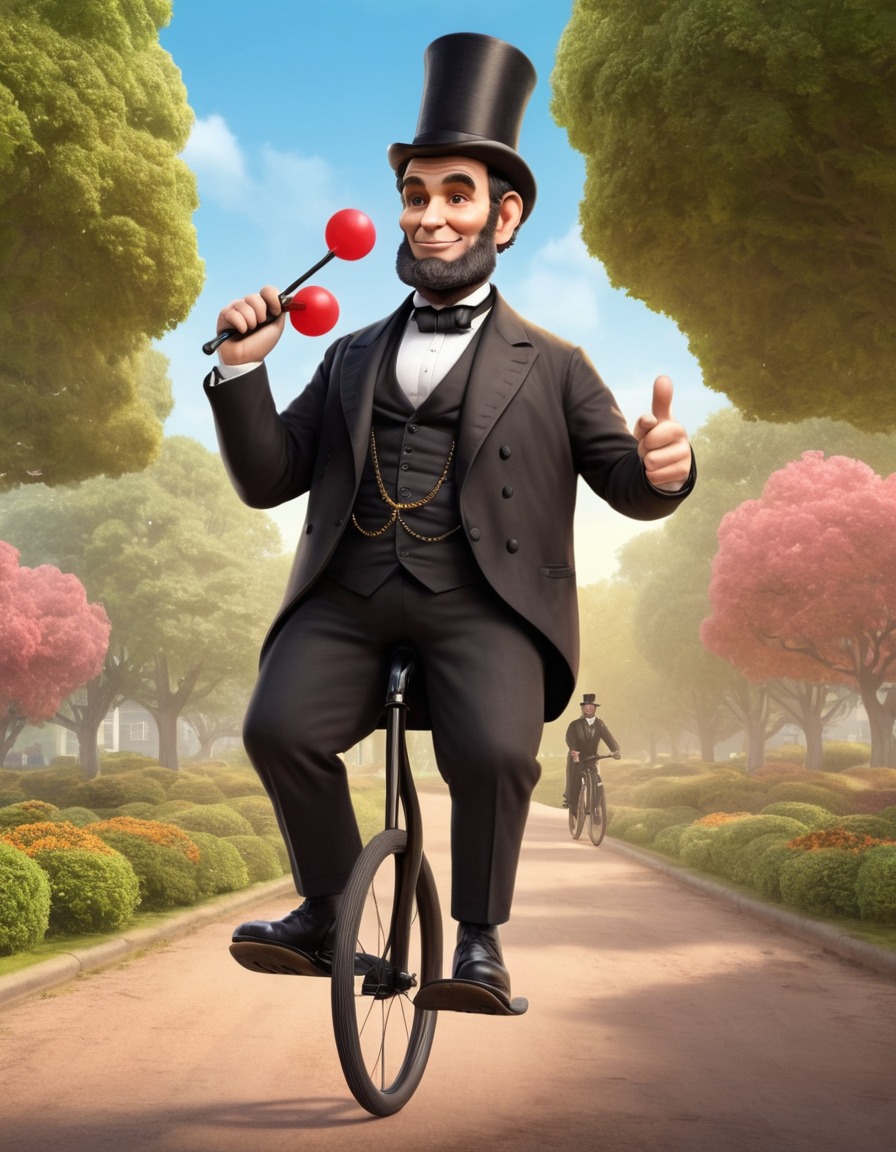 abraham lincoln, cartoon, illustration, unicycle, humor, fat