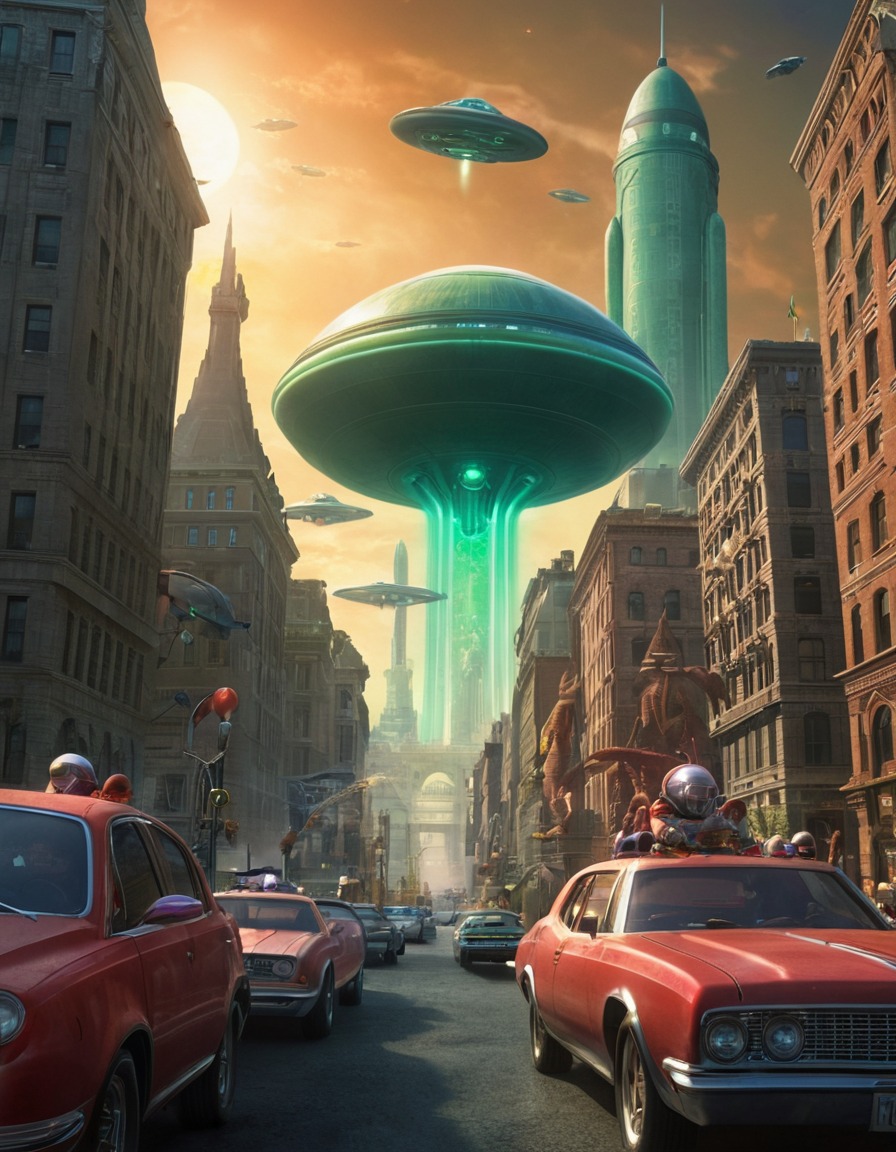 science fiction, aliens, planet express, crew, invasion, city, futurama