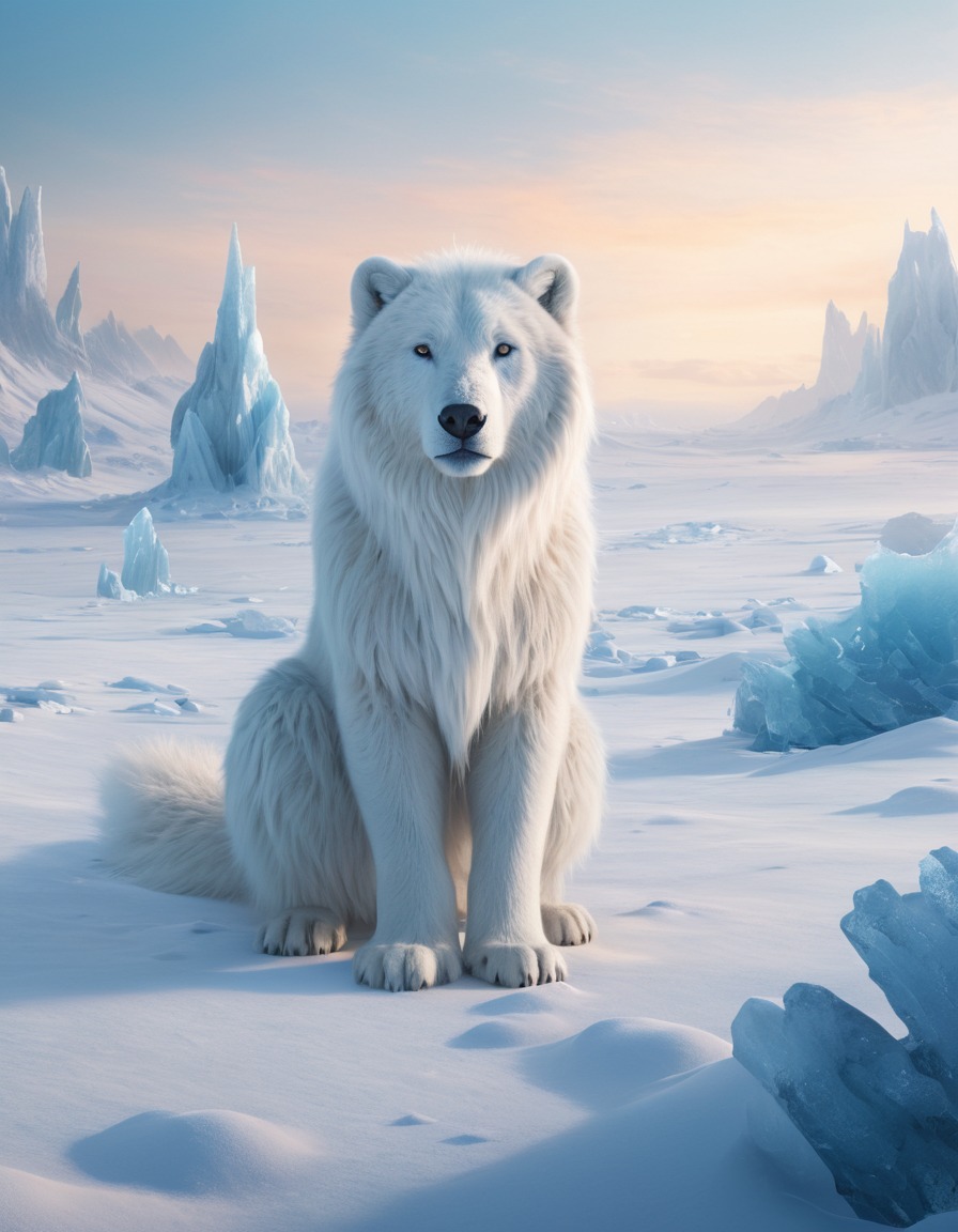 snowy tundra, ice giants, frost-covered animals, shimmering fur, fantastic