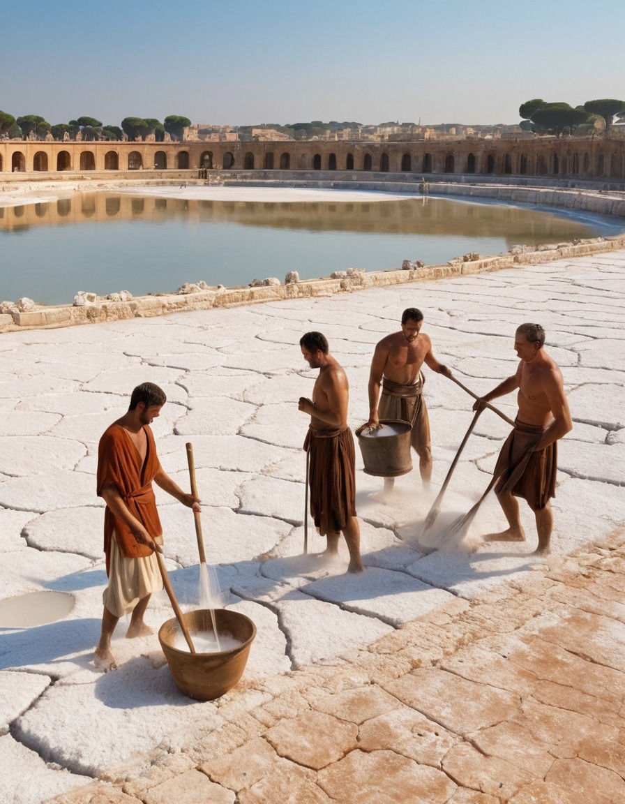 ancient rome, salt extraction, 100 bc, men at work, evaporated salt pans, ancient technology