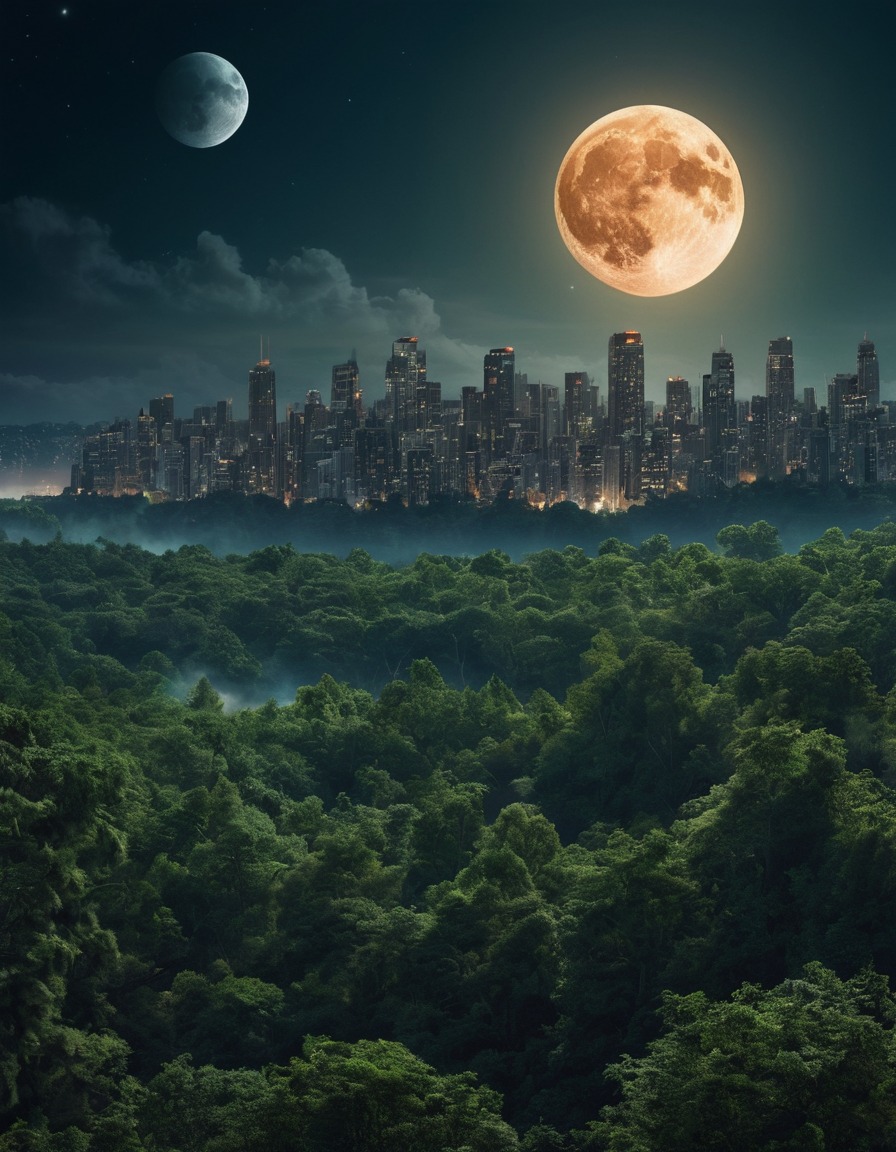 moon, cityscape, forest, magical, surreal, nature, night sky, city