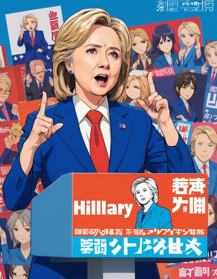 hillary clinton, anime, power suit, speech, campaign posters, politics