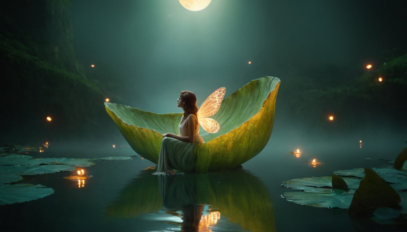 magic, fairy, fairytale, forest, fantasyart, dreamlike, enchantedforest, ethereal, fairytales, fireflies, floating, floatingleaf, gentle, glowing, magicalpond, moonlit, mystical, nature, nightscene, peaceful, pond, serenity, softlight, surreal, waterreflection, whimsical, translucentwings, naturemagic