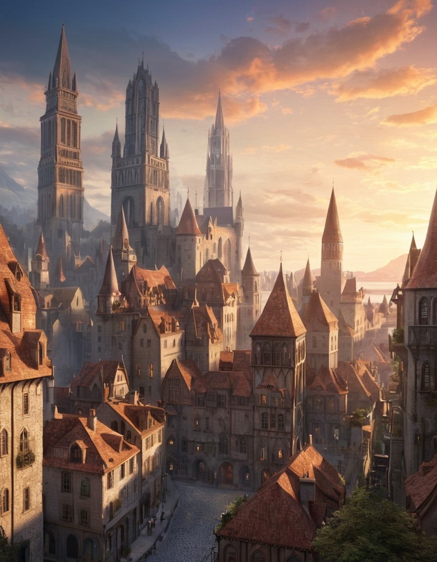 architecture, cityscape, skyscrapers, medieval style, fantasy art, medieval, art