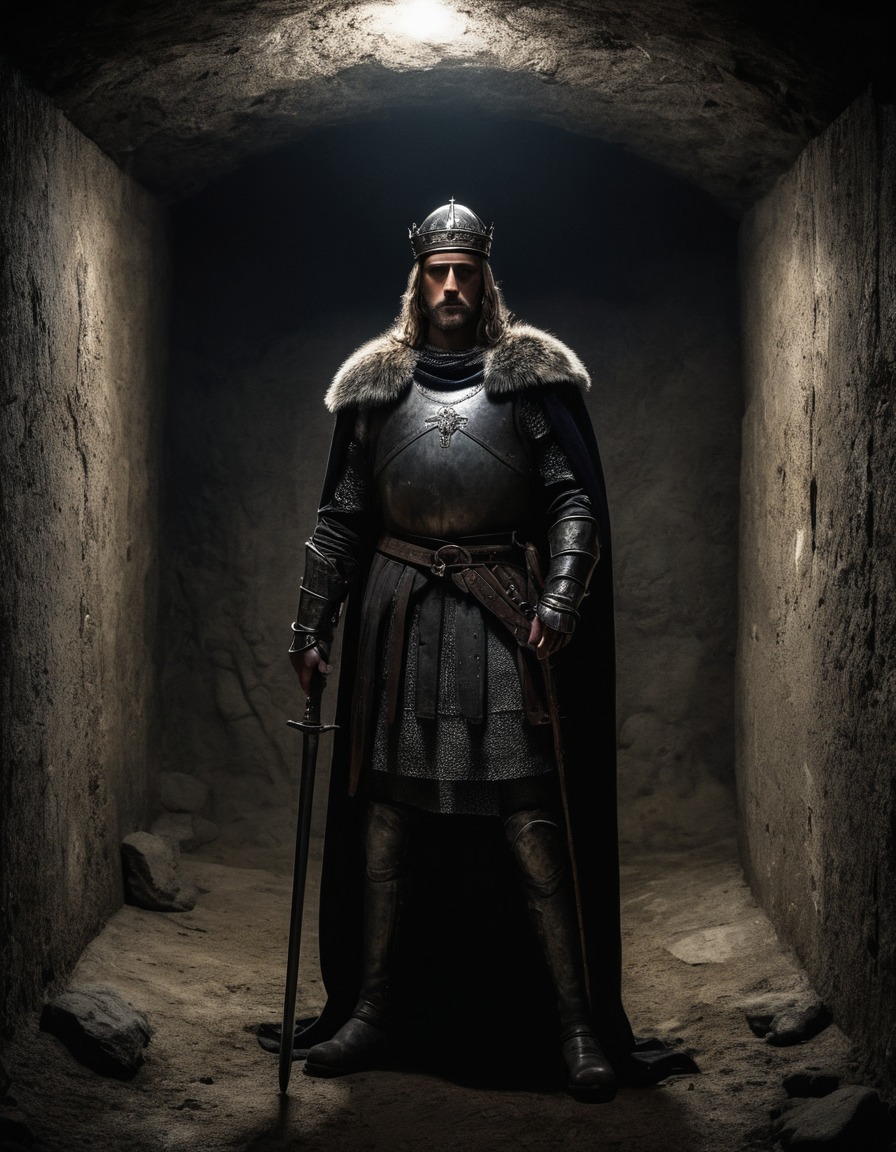 william the conqueror, medieval, historical figure, shadows, underground chamber, ruler