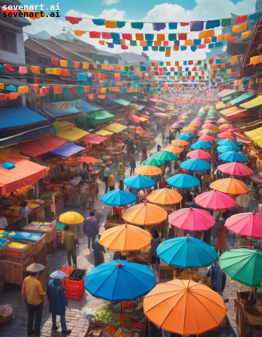 market, food stalls, umbrellas, street scene, bustling, modern city, city