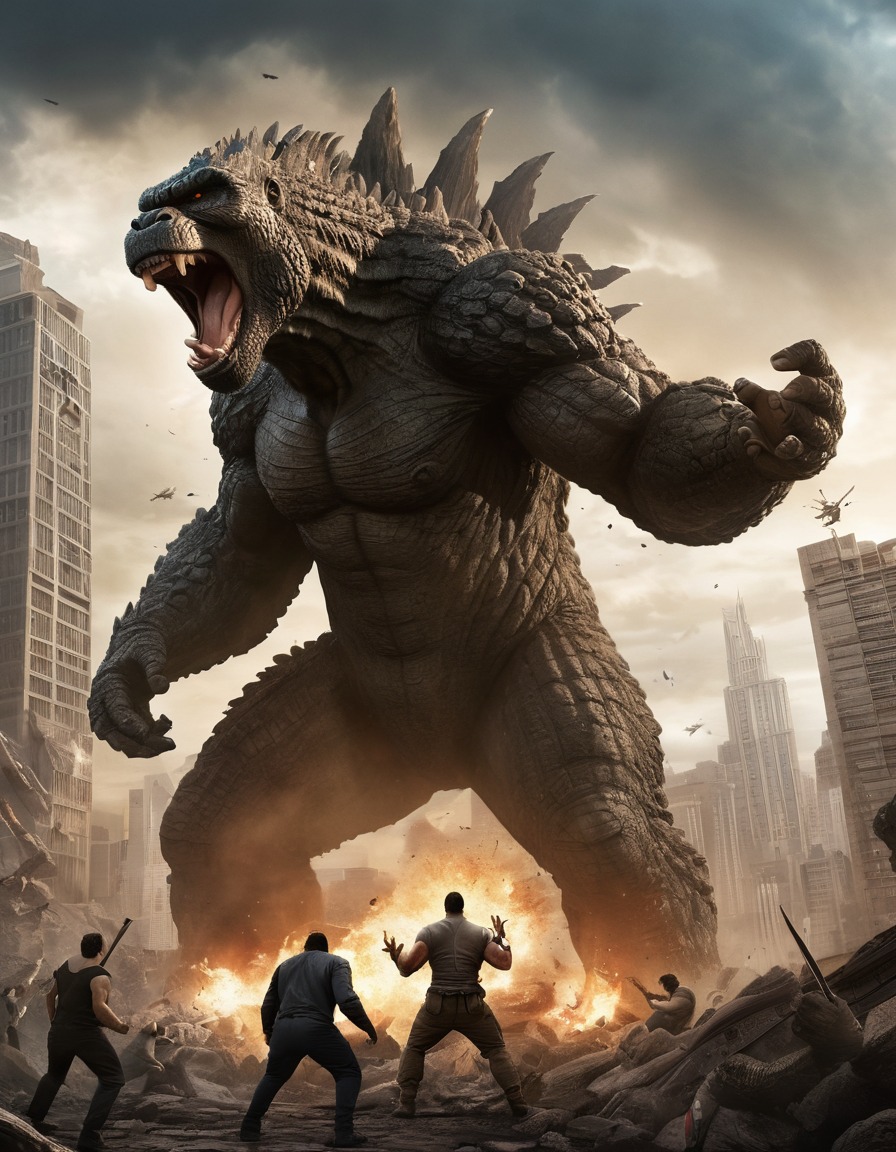 godzilla, king kong, epic battle, destruction, monster, skyscraper, action, kong