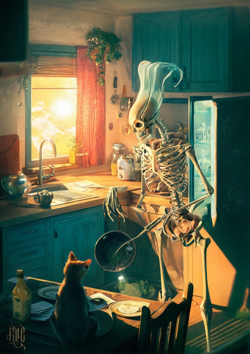 breakfast, cat, cooked, eggs, kitchen, lofi, skeleton, spooky