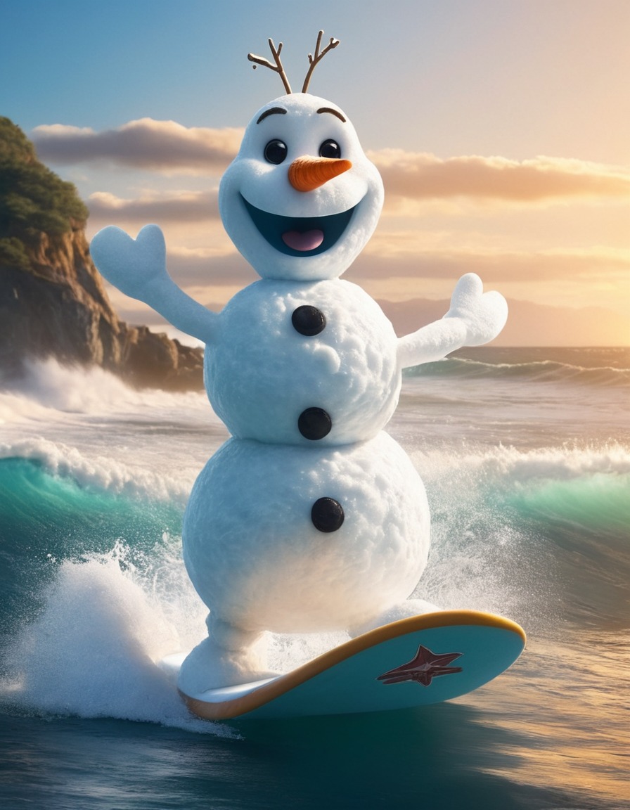 snowman, surfing, ocean, unusual sighting