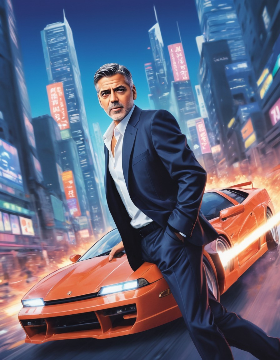 george clooney, anime, futuristic, car chase, cityscape