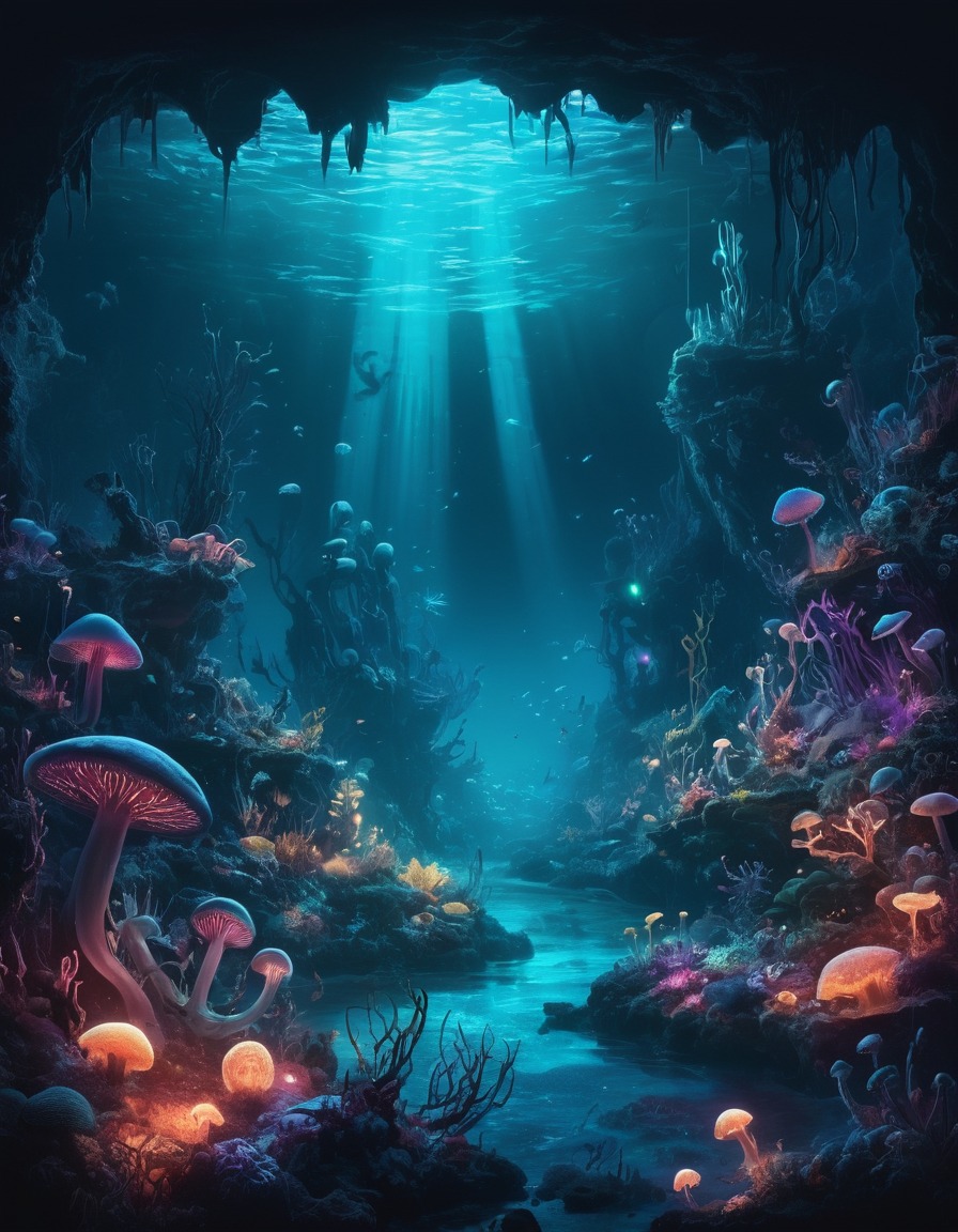 underwater, abyss, nightmarish, sea creatures, bioluminescent fungi, lovecraft, howard lovecraft