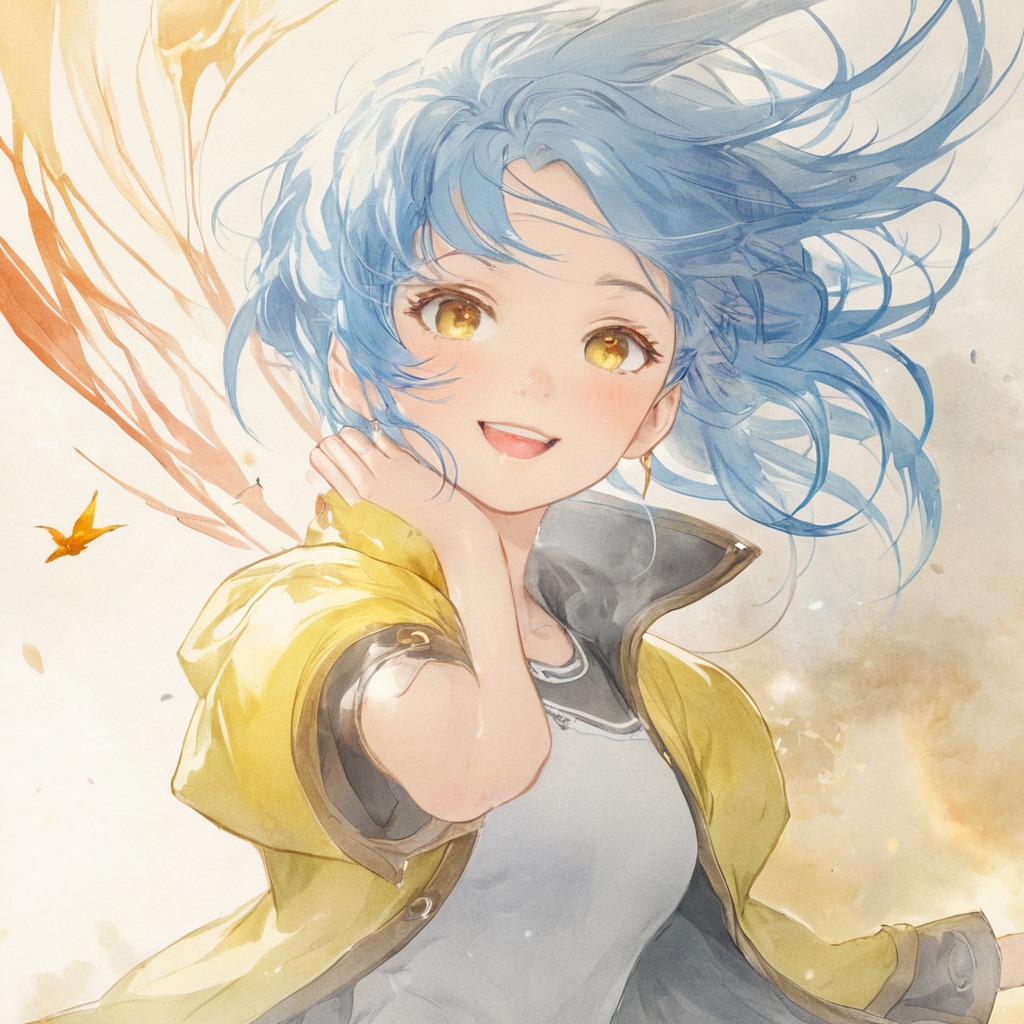 anime, bluehair, excited, girl, smile, watercolor, aiart, pixai