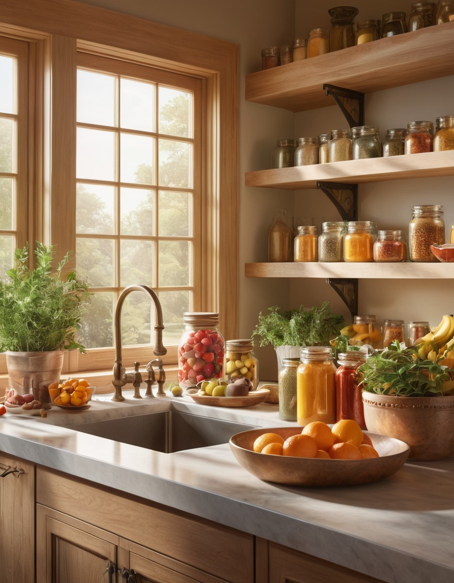 kitchen, farmhouse sink, spices, fresh fruits, interior design, home, interior