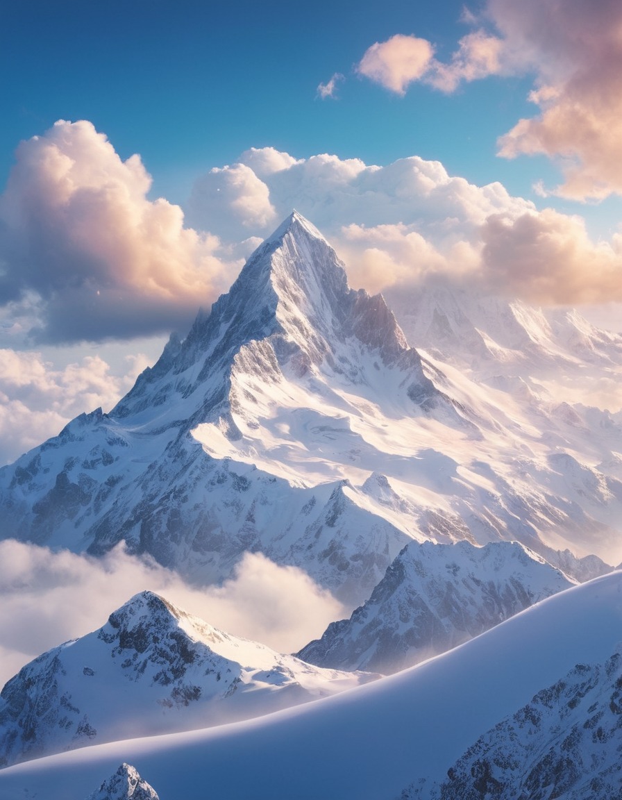 mountain peak, snow-capped, clouds, scenic landscape, nature