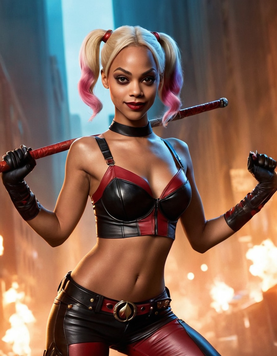 zoe saldana, harley quinn, dc comics, actress, superhero, action scene