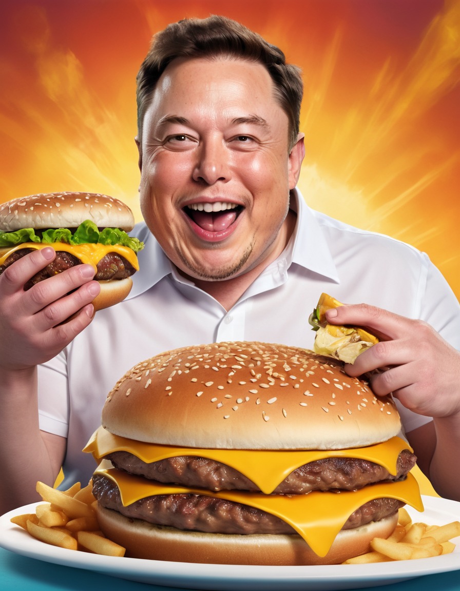 elon musk, caricature, cheeseburger, humor, fat