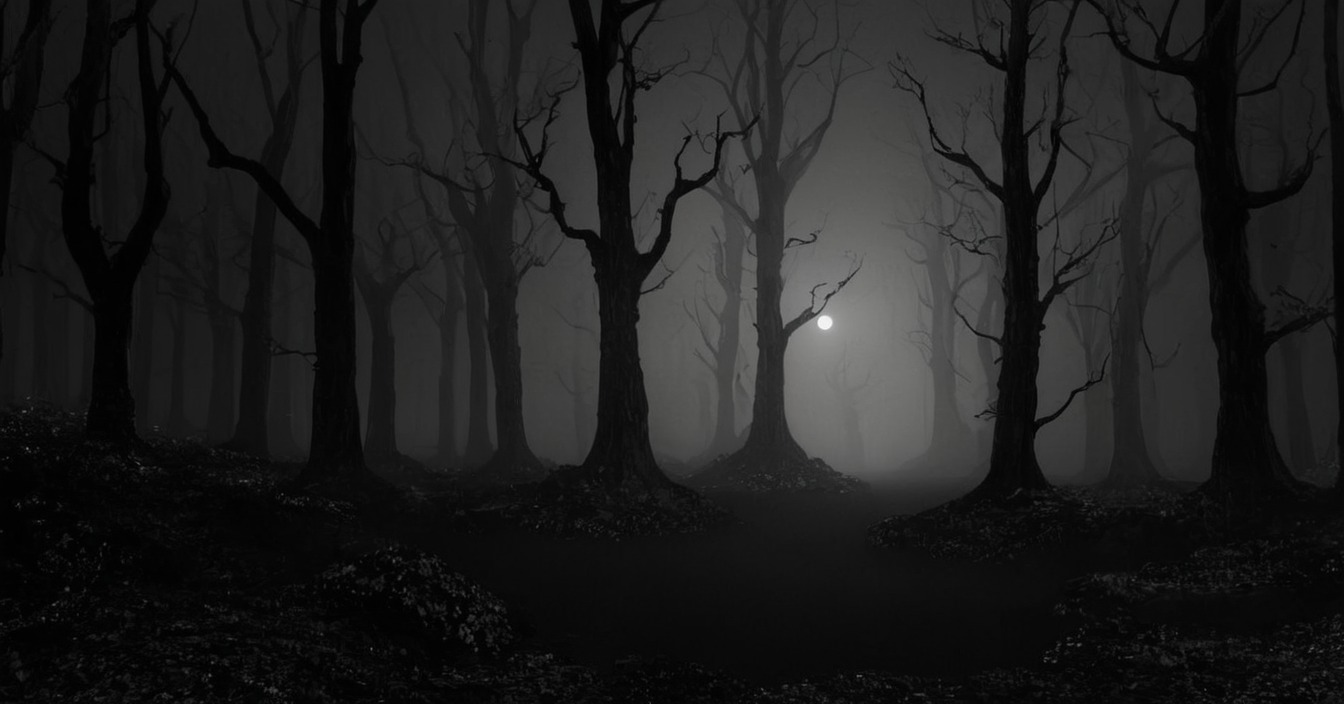 horror, forest, spooky, fog, blackandwhite, darkestnight, treesilhouette, dead_trees, spooktober, spooktober2024