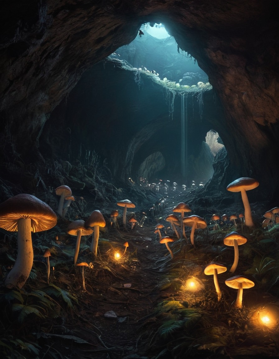 mystical, glowing mushrooms, cave, mystery, nature, illumination