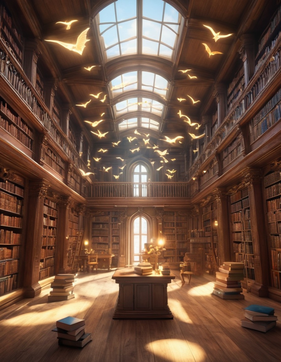 magical library, flying books, self-reading, enchanted scene, fantasy setting, visitor experience, literary magic