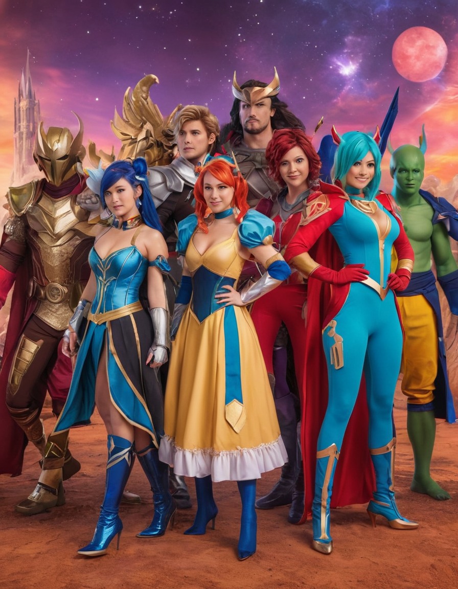 cosplay, group, colorful, dynamic, characters, convention