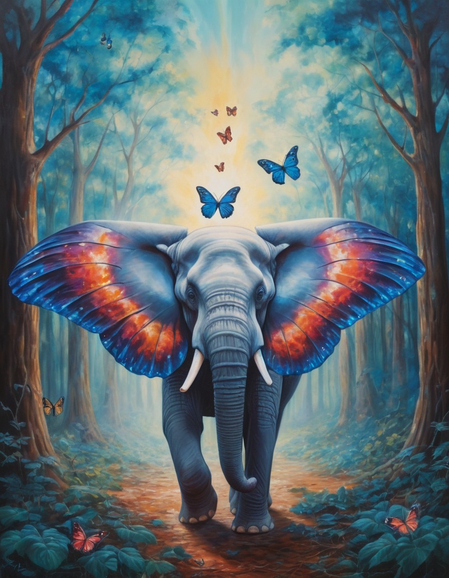 elephant, butterfly, wings, forest, surreal