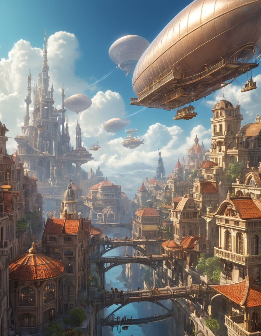 city, clouds, sky bridges, airships, fantastic