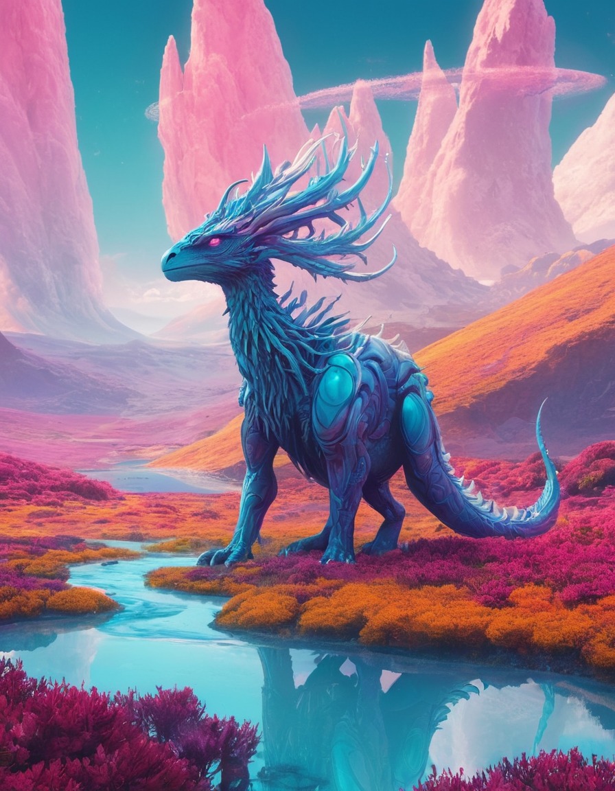 fantasy, creature, landscape, vibrant, surreal, fantastic