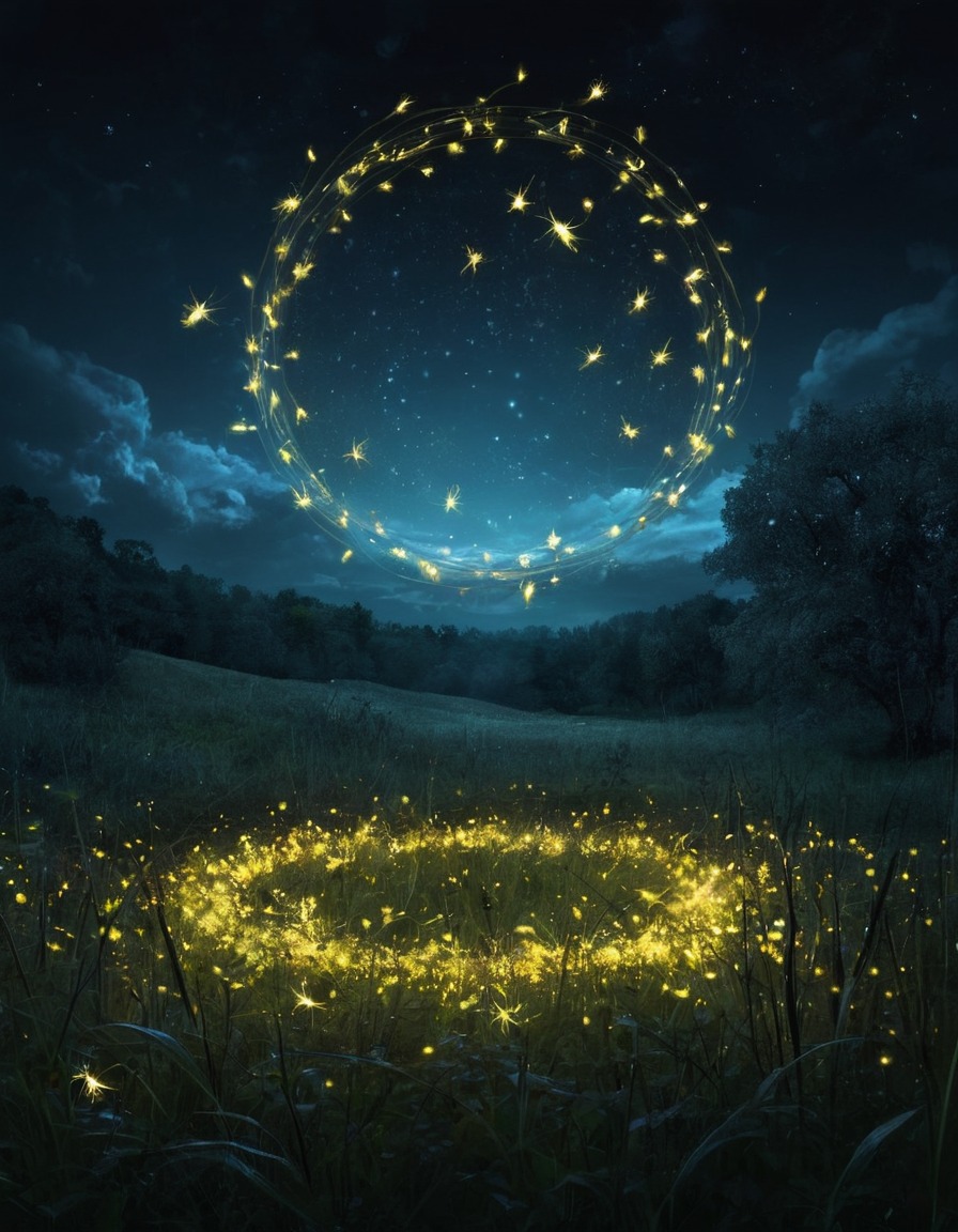 mystical, glowing fireflies, moonlit, meadow, circle, dancing, moon