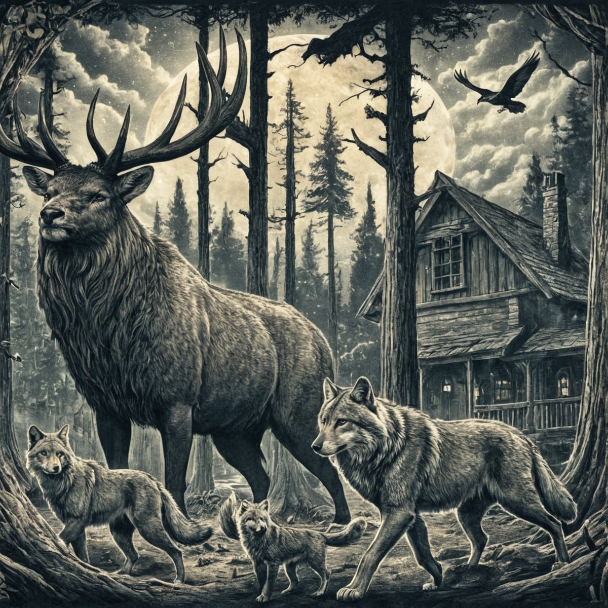 cabin, crow, detailed, elk, forest, gothic, illustration, mystery, nature, oil, pastel, wilderness, wolves, art