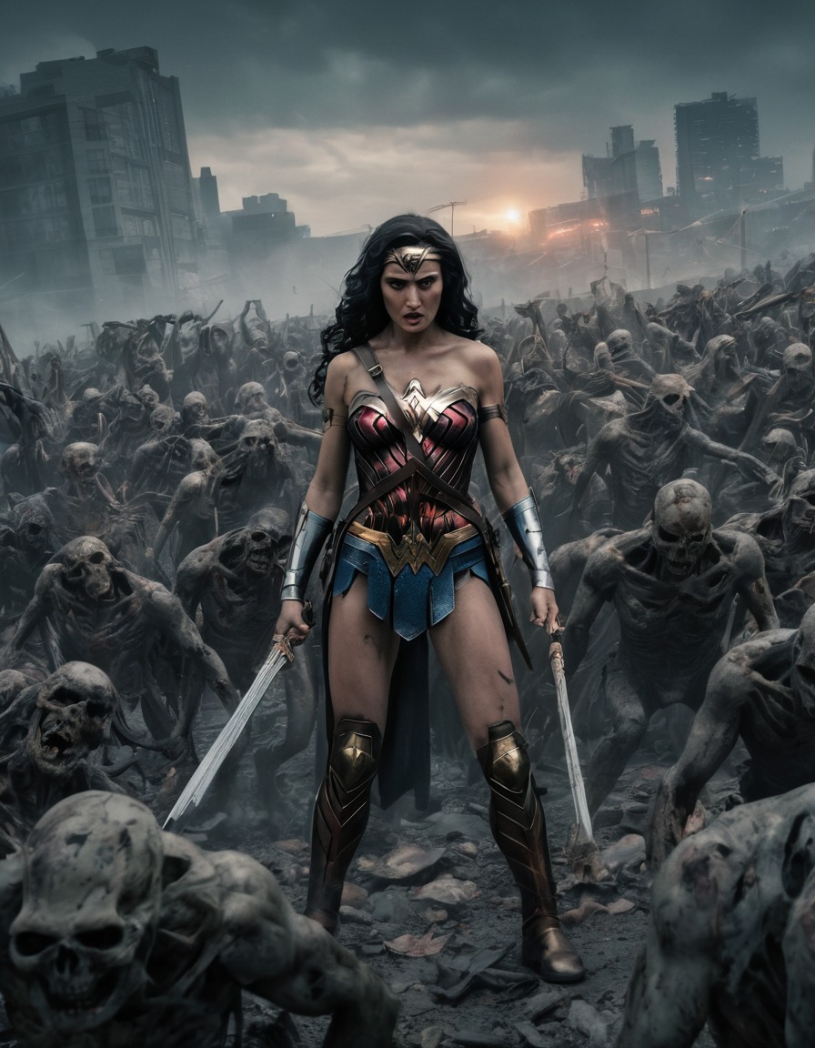 wonder woman, zombie, undead, superheroes, post-apocalyptic landscape, apocalypse, leadership, power