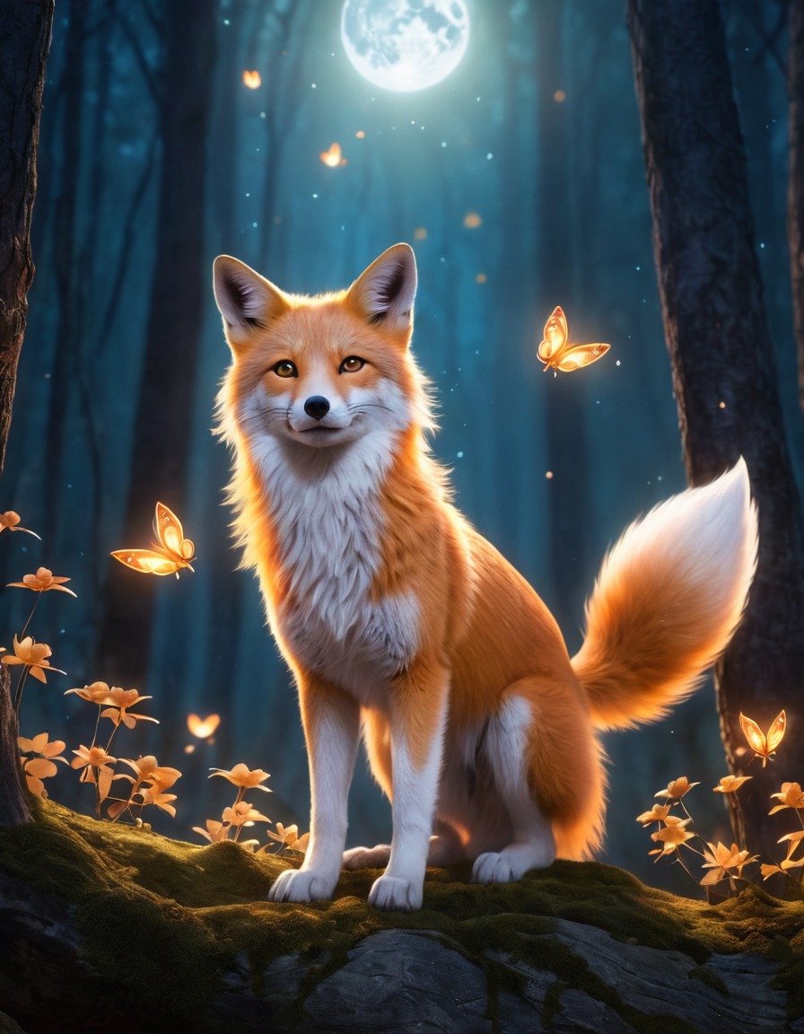 kitsune, magical forest, full moon, fireflies