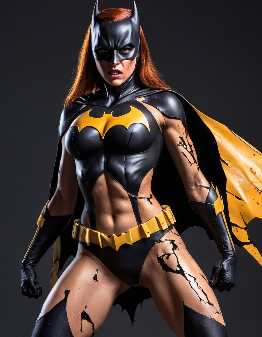 batgirl, superhero, triumph, dynamic pose, battle scars