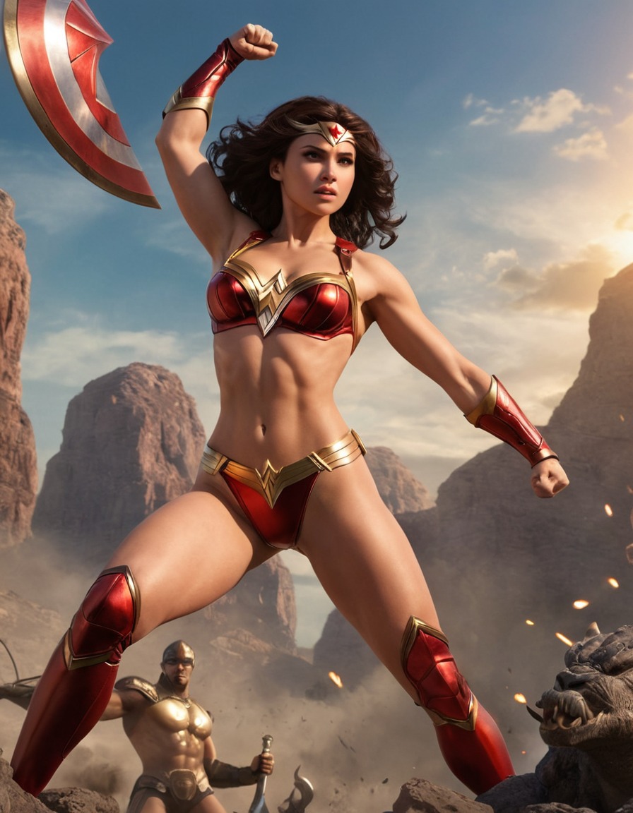 super heroine, victory, defeated enemy, triumph, superhero badass, superheroine, nsfw, sexy