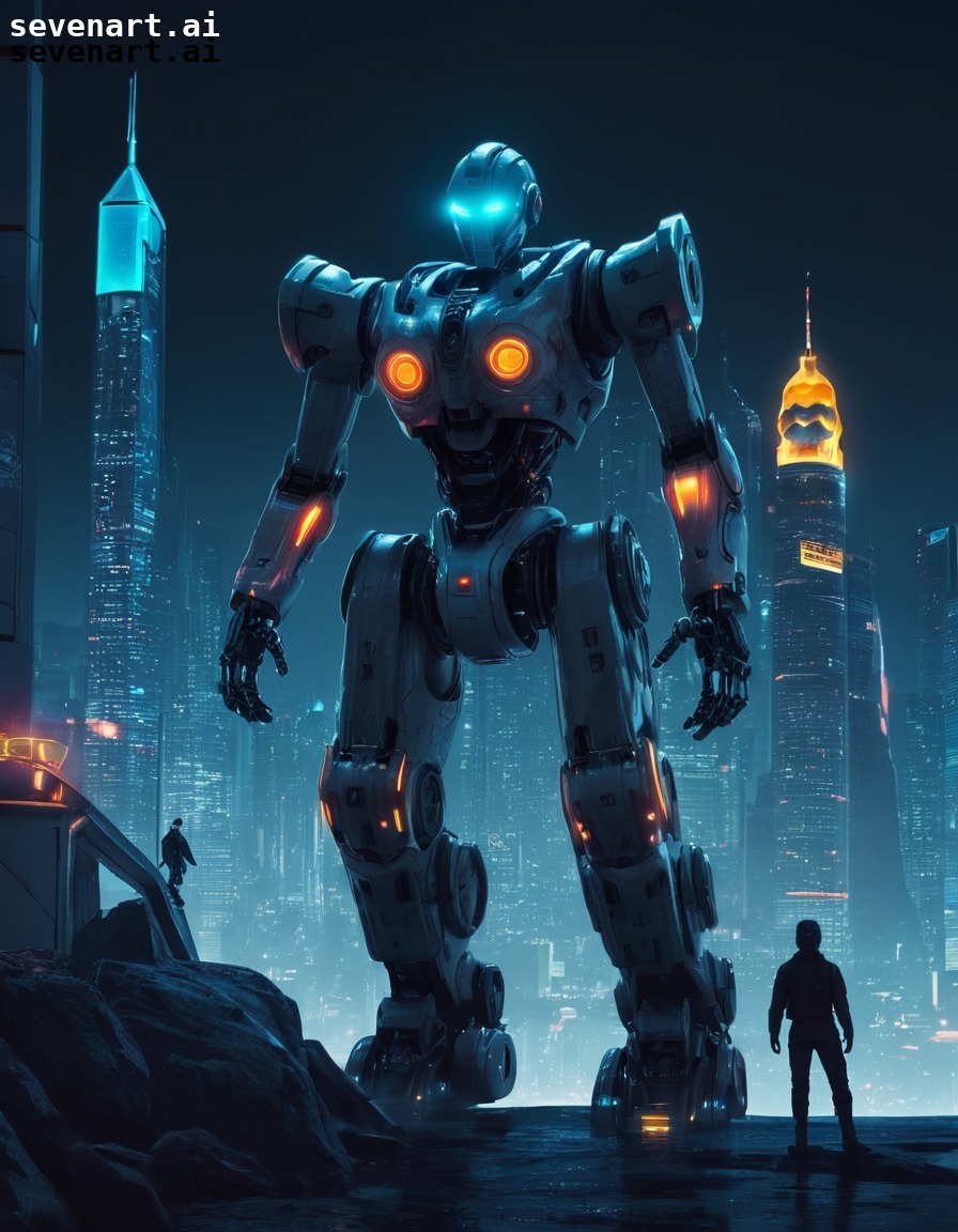 science fiction, futuristic, robot, cityscape, night, robots