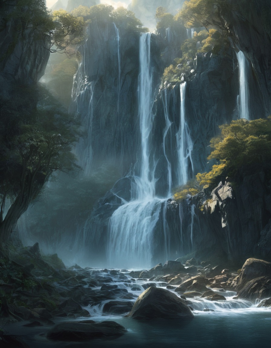 A shimmering, enchanted waterfall cascading down the rocks in Rivendell ...