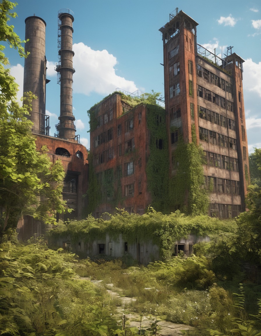 neglected, overgrown, factory, urban landscape, industrial, decay